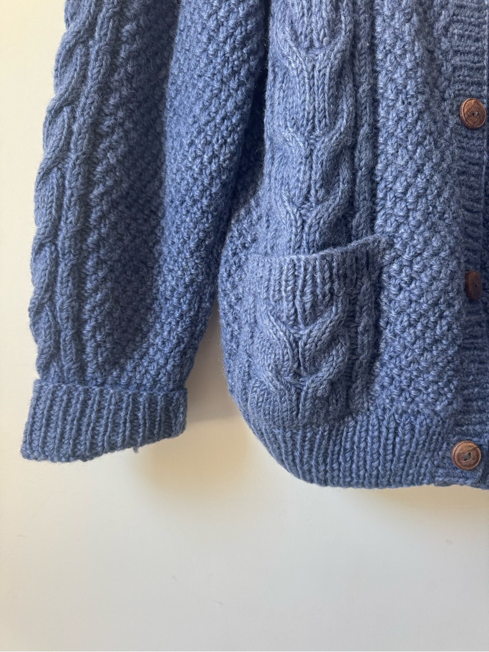 Wool Blend Blue Cable Knit Button-Front Sweater - Hand Knitted - Picture 3 of 5